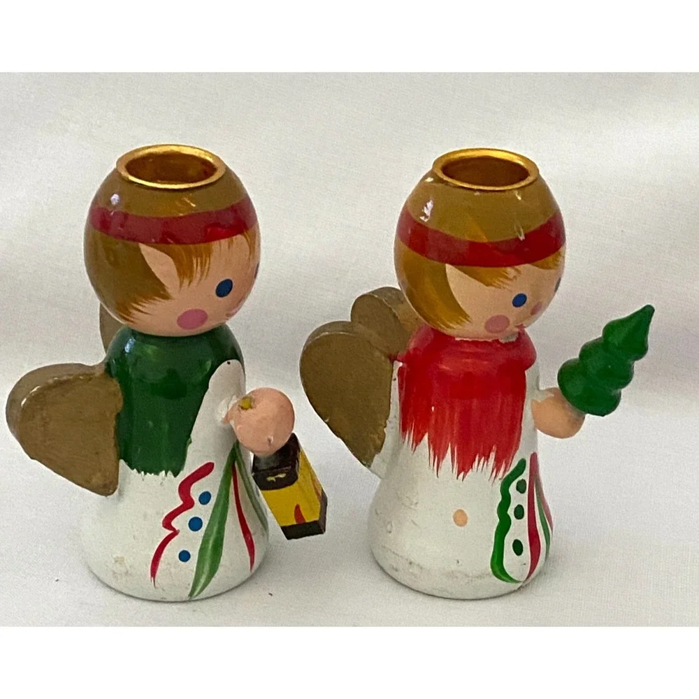 Vintage Painted Wooden Christmas Ornaments ~Rocking Horse Angel Santa Sleigh
